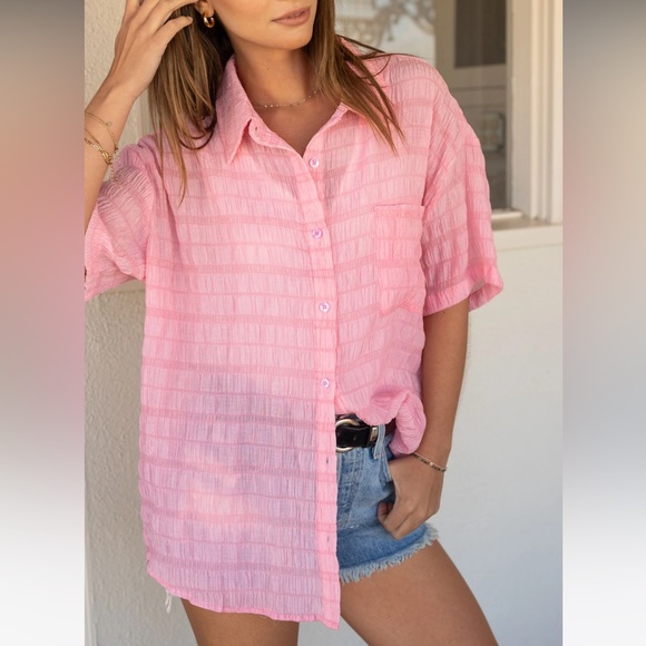 Pink Textured Short Sleeve Button Down - Picture 2 of 5